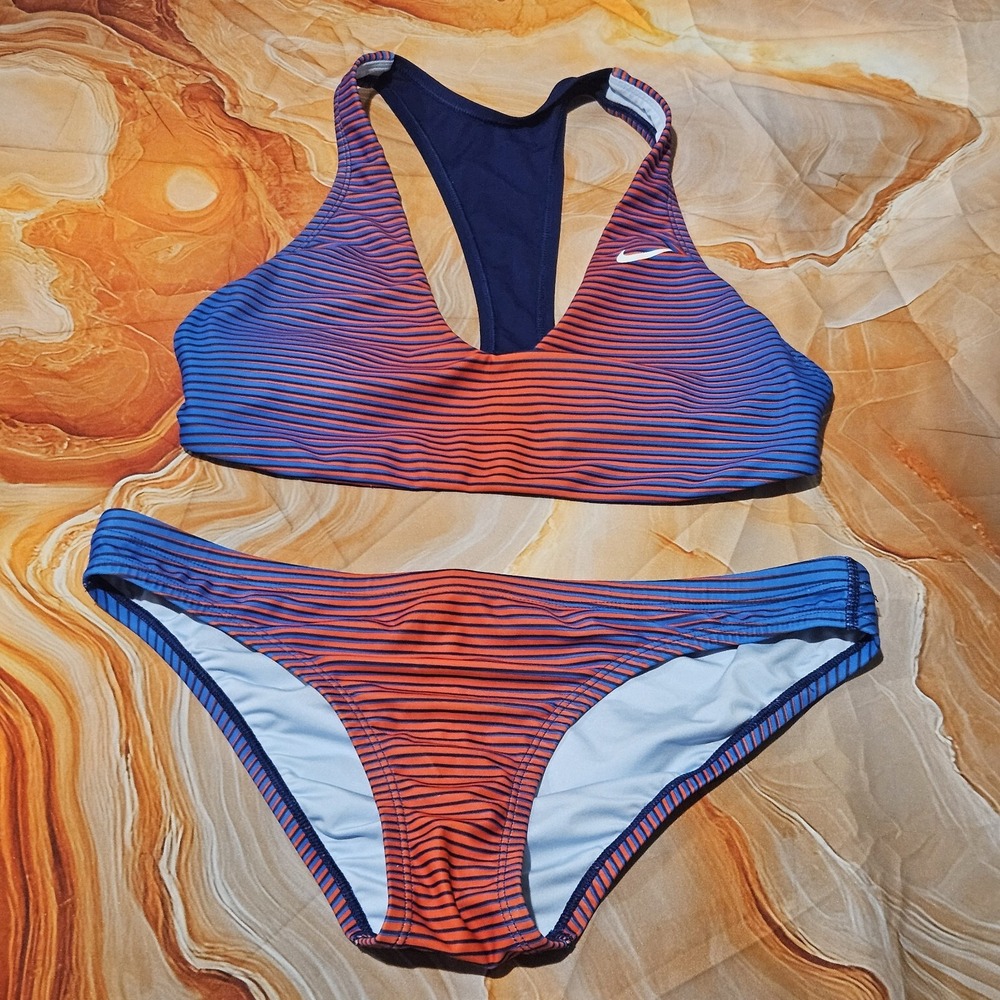 Nike Womens Medium 2 Piece Swimsuit Bikini Racerback Blue Red Orange Stripe